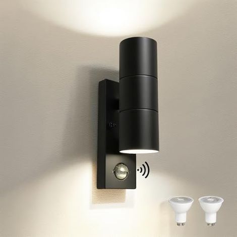 Applique murale extérieure LED en acier inoxydable avec détecteur de mouvement PIR réglable et interrupteur crépusculaire, étanche IP54, éclairage vers le haut/vers le bas, 230 V, incluant 2 ampoules (1/5)