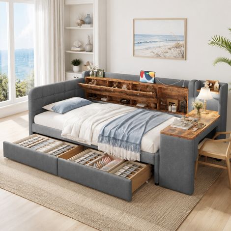 Sofá cama 90x200 cm de lino gris con escritorio, 2 cajones, USB y Tipo C, sin colchón - CHICFURN (1/5)