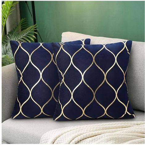 Housse de Coussin Bleu Marine Velours 45x45cm Lot de 2 Modernes Canapé Doux Or Coussin Décoration avec Fermeture Éclair Cachée pour Chaise Bureau Lit (1/5)