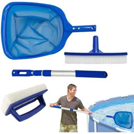 4-teiliges Poolreinigungsset, Poolpflegeset für Reinigung, Kescher mit verstellbarer Stange, Teich- und Spa-Werkzeuge, Oberflächenskimmer - (1/5)
