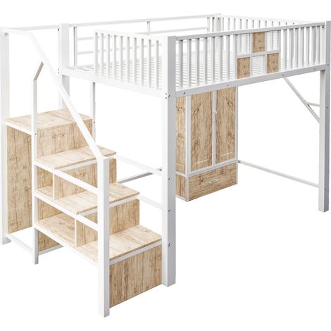 Letto a soppalco in metallo 140 x 200 cm bianco con armadio, cassetti e scala contenitore (1/5)