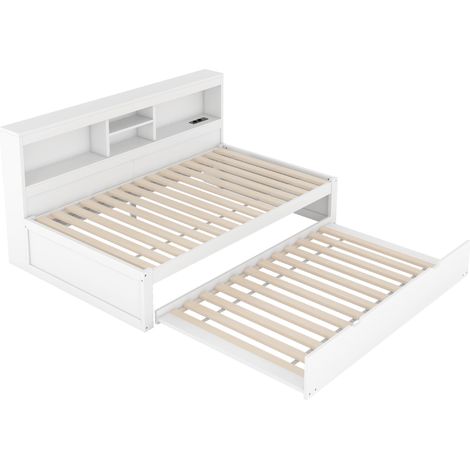 Cama de día extensible 90 x 200 cm blanca con LED, almacenaje lateral, enchufe y USB, sin colchón (1/5)