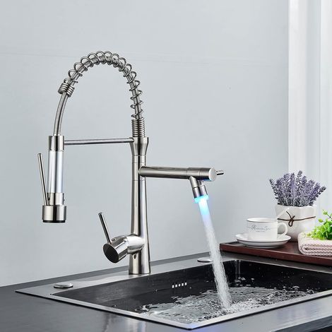 Robinet de cuisine LED, 360° rotatif avec tête de pulvérisation Robinet d'évier, robinet de cuisine avec 2 têtes de pulvérisation (1/5)