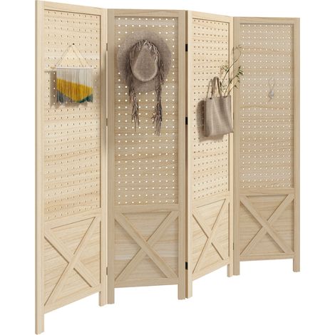 Paravent intérieur en bois 4 panneaux séparateur de pièce pliable panneau perforé 152 x 1.7 x 144.5 cm bois naturel
