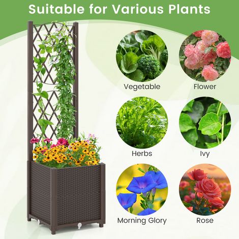 Planter with Trellis on Stand Self-Watering PP Rattan Planting Box with Drainage Hole Coffee Garden Bed (1/5)