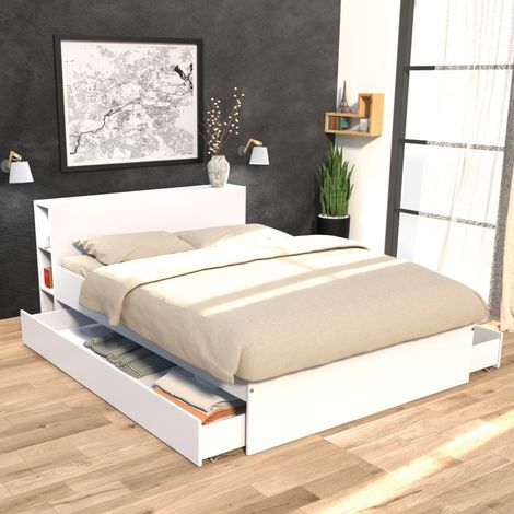 Bett RIGA 160x200cm + Kopfteil + 2 Schubladen / Weiß/ 226x164x80 cm (1/3)
