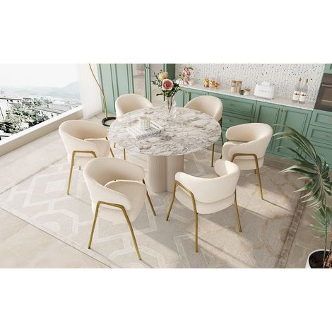 6 Fauteuils de Salle à Manger Blancs en Velours Agneau, Pieds Dorés Modernes, Finition Or Pulvérisé (1/4)