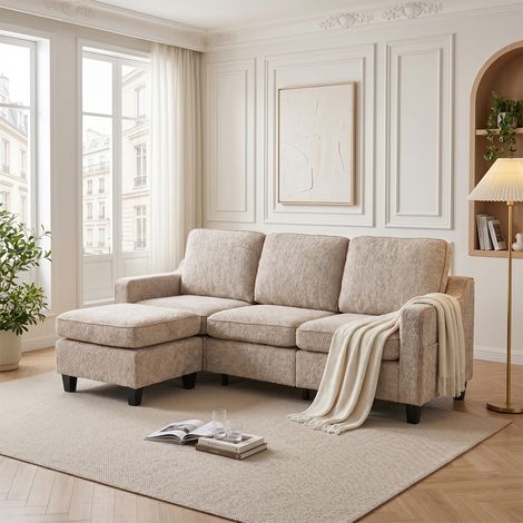 Canapé moderne, causeuse du milieu du siècle avec tissu respirant et pieds en bois massif, canapé en éponge haute densité pour salon, chambre à coucher, bureau(3 places, beige)
