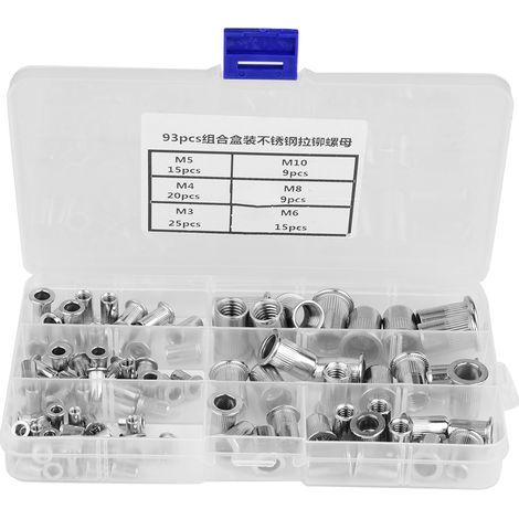 93 pièces d'inserts filetés M3 à M10 en acier inoxydable 304, kit écrous rivets aveugles pour fixation durable (1/5)
