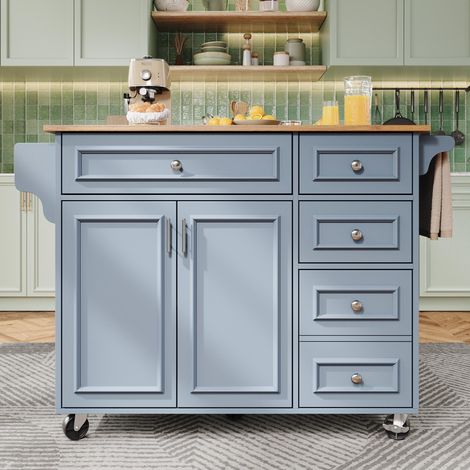 Moderne Kücheninsel mit abnehmbarem Servierwagen,Multifunktionaler Esstisch mit Stauraum und Vintage-Muster,ideal zum Kochen und Servieren in Blau