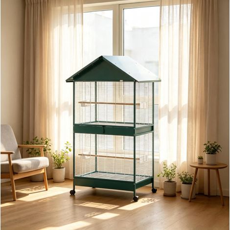 Gabbia per uccelli su ruote con divisorio removibile, 94 x 70 x 158 cm, verde OKMYHOME (1/5)