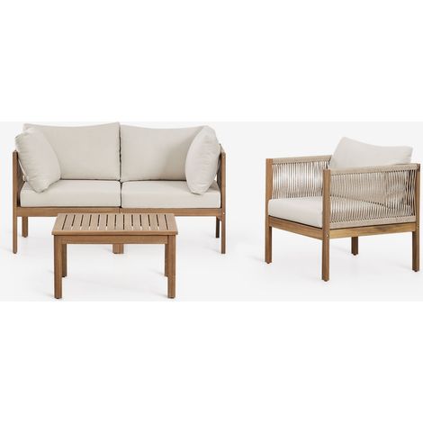 Set soggiorno con divano componibile 2 pezzi con braccioli, poltrona e tavolino in legno di acacia Branson SKLUM             (1/5)