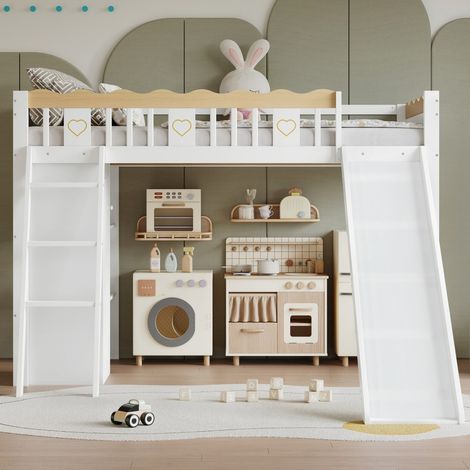 Lit Mezzanine 90x200cm - Lit Enfant avec Toboggan - Armoire et Étagères de Rangement - Barrières à Motifs - Blanc et Naturel (1/5)