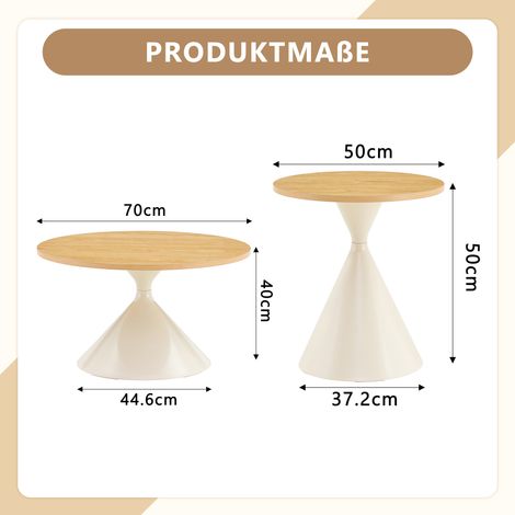 Lot de 2 tables basses Sanduhr, forme conique, plateau mélaminé aspect bois, piètement métal blanc crème, empilables, gain de place, idéales salon, chambre, bureau. (1/4)