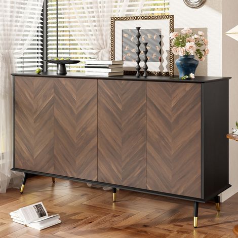 Buffet moderne à motif chevrons – meuble de rangement à 4 portes et étagères réglables en hauteur – structure en MDF et pieds en métal – espace de rangement idéal pour le salon, l'entrée et la salle à