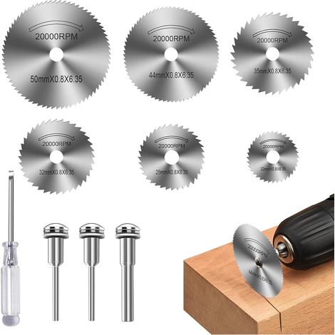 Mini scie circulaire, 6 lames de scie pour couper bois/plastique/métal, Compatible accessoires avec adaptateur et tournevis (1/5)