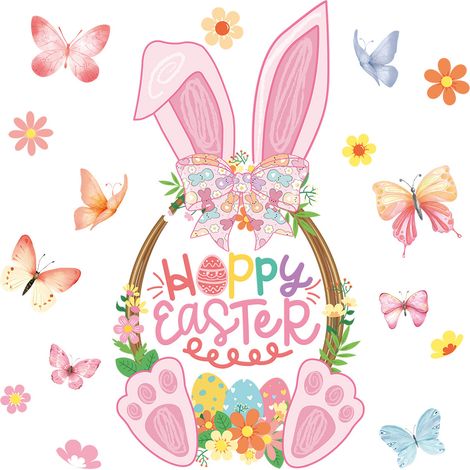 Décorations de Pâques pour fenêtres - Stickers muraux statiques lapin sur le thème du printemps - Autocollants de Pâques pour fenêtres (1/5)