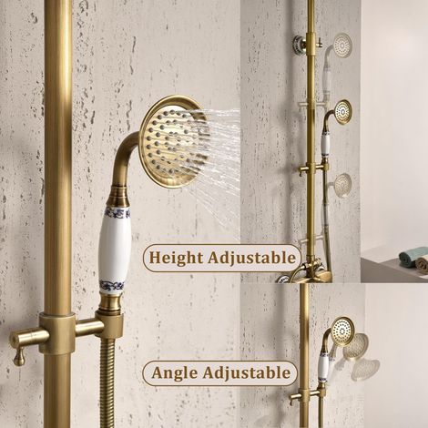 Esip – Colonne de douche thermostatique laiton antique – Pommeau effet pluie 20 cm – Douchette à main flexible 150 cm – Montage mural réglable