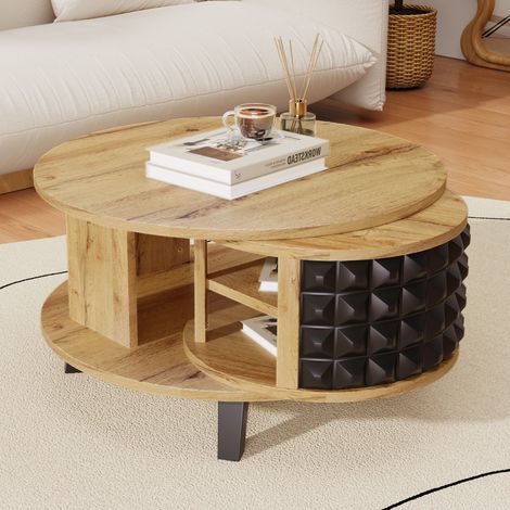 Eifson – Table basse fixe 85 cm avec rangements cachés – Compartiments rotatifs à 360° – Porte aspect rotin – Coloris bois moderne (1/5)