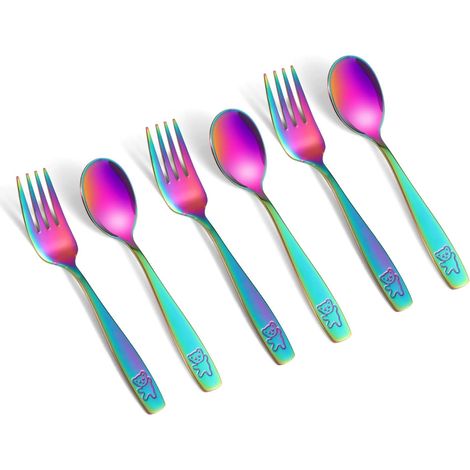 Ensemble de 6 couverts pour tout-petits : couverts arc-en-ciel en acier inoxydable, comprenant fourchettes et cuillères, adaptés aux enfants et compatibles lave-vaisselle. (1/4)