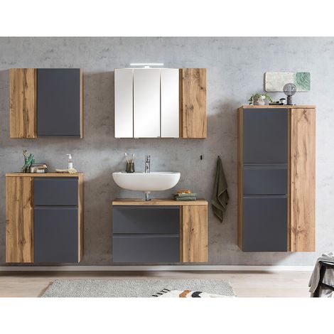 Badezimmer Set in Wotan Eiche Nb. mit matt grau, inkl. LED Beleuchtung, stehend oder hängend, VASTO-03-GREY, B/H/T ca. 245/200/35 cm (1/5)