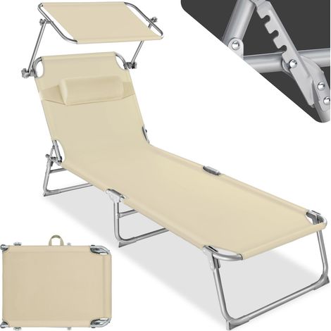 Transat pliable acier 4 positions coussin de tête polyester beige
