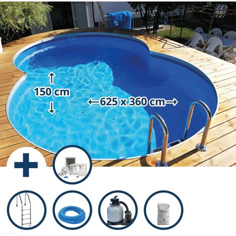 Stahlwandpool Set (10-teil) tief achtform Costa-Rica 625x360x150cm, Stahl 0,8mm weiß Folie 0,6mm bl. (1/5)