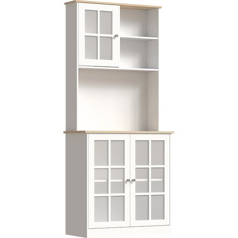 Buffet cuisine haut avec plan de travail, meuble de rangement 3 portes vitrées, 2 tiroirs, armoire pour vaisselle et ustensiles (1/5)