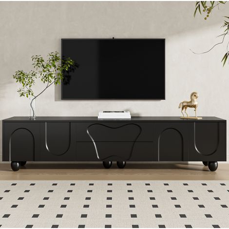 Mobile TV in pannello truciolare nero con gambe in legno massello, 180x40x42 cm, con cassetti e vani contenitore (1/5)