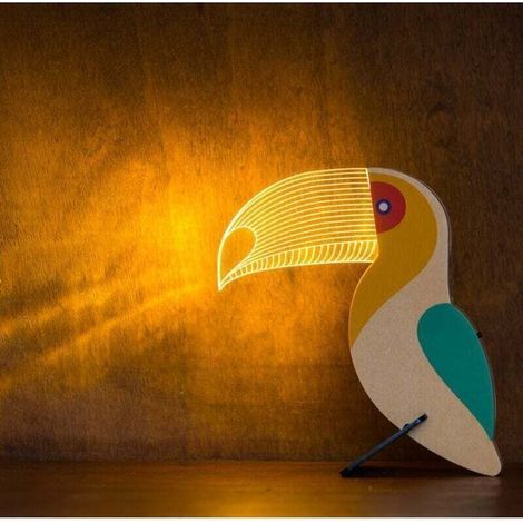 Lampada da notte creativa in acrilico, luci LED a forma di animale in legno per la decorazione di soggiorno e camera da letto, luci LED a forma di tucano (1/4)