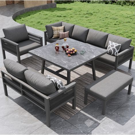 Set di mobili da giardino in ferro grigio, modulare fino a 8 posti con 3 divani 2 posti, 1 poltrona, 1 panca e tavolo con vetro effetto marmo (1/5)