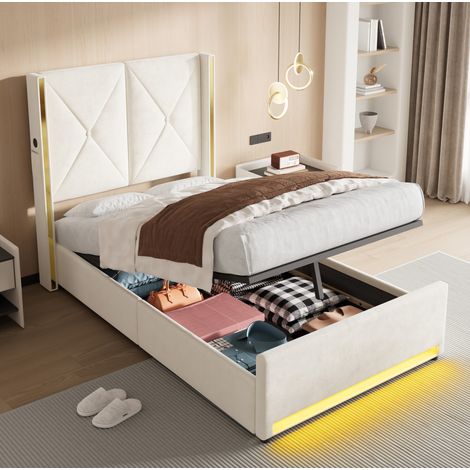 Bett modern aus Samt Beige 90x200 cm mit hohem gestepptem Kopfteil, USB/Type-C, LED und Bettkasten (1/5)