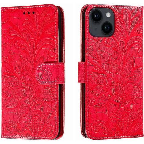 Étui de téléphone en cuir à motif floral et dentelle pour iPhone 15 Plus, rouge (1/4)