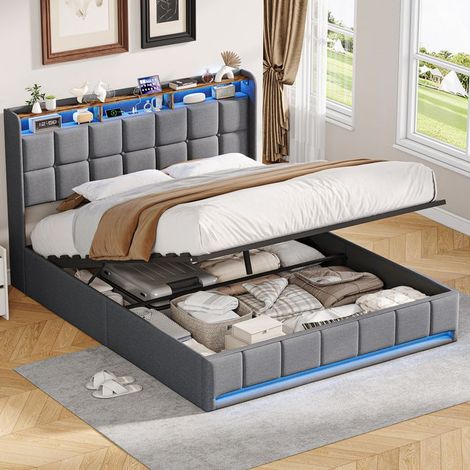 Cama doble 160x200 - Cama capitoné de lino gris - Cofre neumático - LED RGB integrada - Puertos USB/Tipo-C