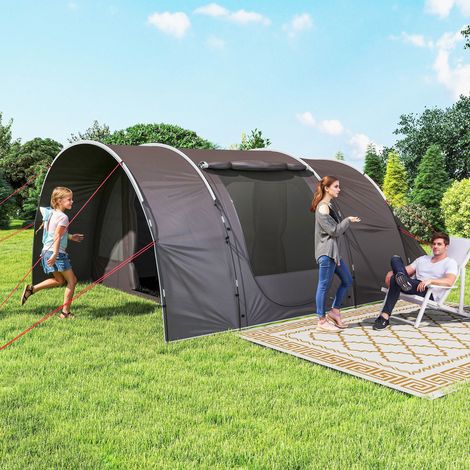 Tente de camping avec porche pour 4 à 6 personnes légère ventilée étanche 5 000 mm montage facile sac de transport gris (1/5)