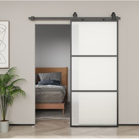 Porta scorrevole 91,4x4x203,2 cm in vetro nero, facile da montare per bagno FloraGrace (1/5)