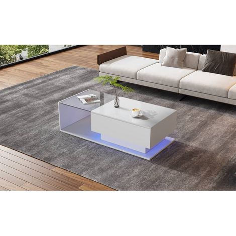 Table basse 100 x 50 x 32 cm blanche haute brillance avec plateau en verre, 1 tiroir, led et style moderne, résis (1/5)