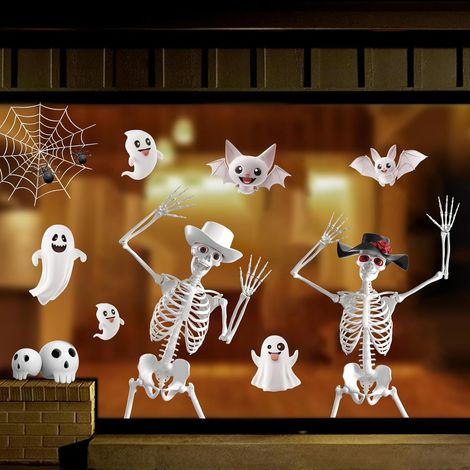 Feuilles Stickers Fenêtre Halloween 3D Extra Larges Squelettes Chauves souris Fantômes Déco Vitre Maison Fête Boutique Intérieur (1/5)