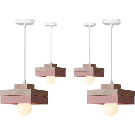 4pcs Moderne Lustre Vintage en Carre,Suspension Luminaire Industriel en Bois E27 Lampe de Plafond intérieur Retro,18x18cm,Rose (1/5)