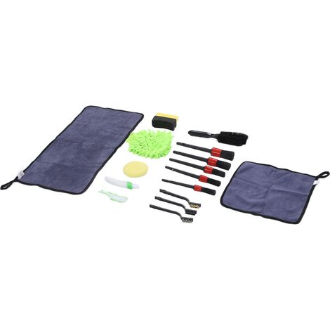 Kit de nettoyage auto complet (16 pièces) comprenant brosses, serviettes et outils pour l'intérieur et l'extérieur du tableau de bord, des sièges et des vitres. (1/5)
