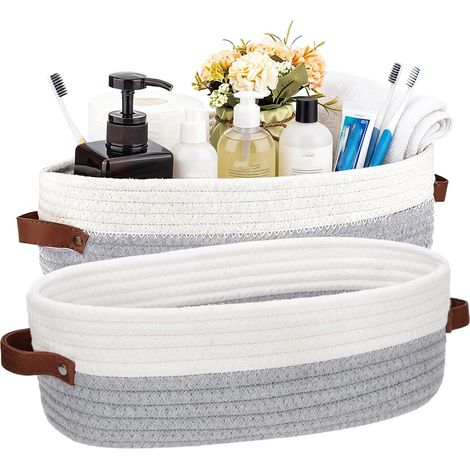 2 Panier de Rangement, Corde de Coton, Poignées en Cuir, Pliable, Pour Salle de Bain, Cuisine