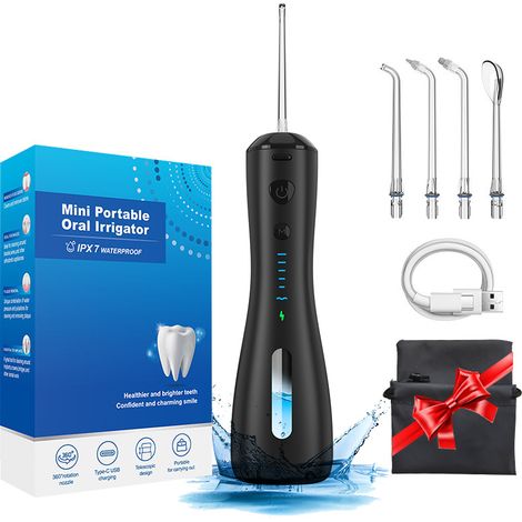 Hydropulseur [portable sans fil] 6 modes et irrigateur oral dentaire rechargeable IPX7, nettoyeur de dents à eau, hydropulseur à usage domestique pour appareils orthodontiques et ponts-Noir