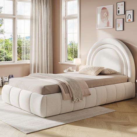 Lit rembourré 90 x 200 cm avec rangement hydraulique, tête de lit en velours beige, lattes incluses – lit enfant / lit simple (1/4)