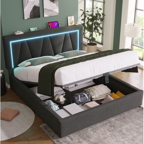 Bettgestell 160x200 cm grau aus Leinen mit höhenverstellbarem Kopfteil, USB-C, LED und Stauraum (1/5)
