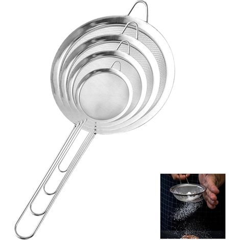 4 Pièces Passoire Inox, Tamis Maille Fine Ensemble 7/10/14/18cm, Tamis Cuisine avec Poignée Maille Fine en Acier Inoxydable Cuisine Professionnel Passoire pour égoutter Nouille,Légumes,etc