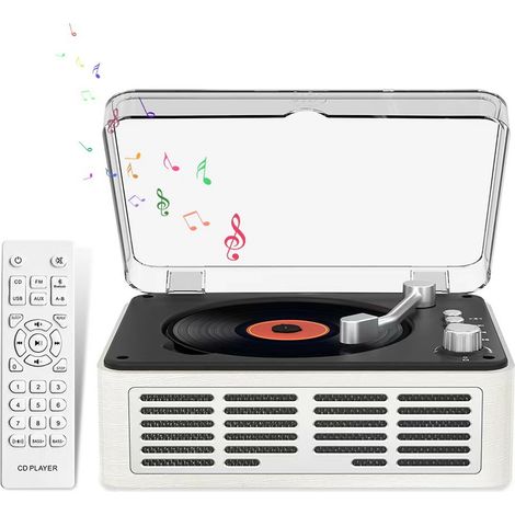 Lecteur CD avec Enceintes Son Stéréo HiFi, Lecteur de CD Vintage Bluetooth pour la Maison, Lecteur CD avec Radio FM et Télécommande, Prend en Charge la Lecture Via USB/AUX/Type-C (Blanc) (1/5)
