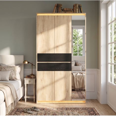 MODFU – Armario 110x47x200 cm de MDF con espejo, LED, 4 cajones, 9 nichos, 2 roperos y carga 30/20 kg – Roble (1/5)