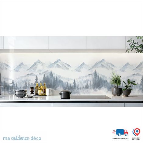 Crédence : Sapins et chaine de montagnes - Couleur Bleu Pastel - Alu composite - 120 - 60 (1/3)