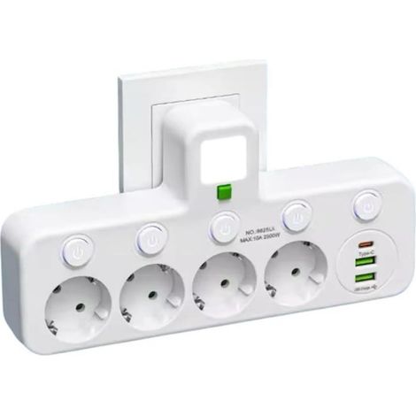 Multiprise Murale avec 4 Prises EU, 2 Ports USB, 1 Port Type-C, Interrupteurs Individuels (4p + USB Blanc)