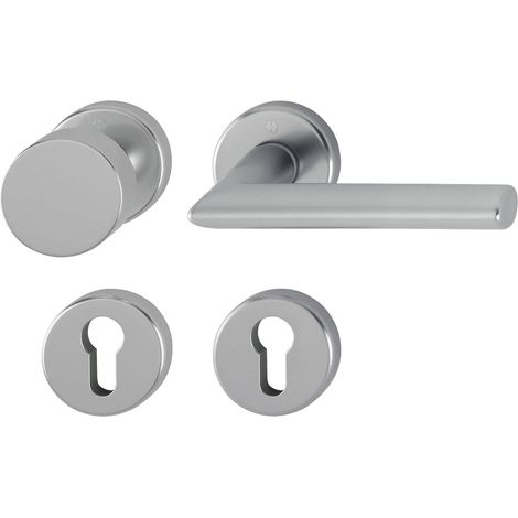 Poignée de porte Stockholm - Poignée de porte + bouton fixe sur rosace ronde PZ - Pour épaisseur de porte de 37 à 47 mm - Effet aluminium et acier inoxydable (1/4)